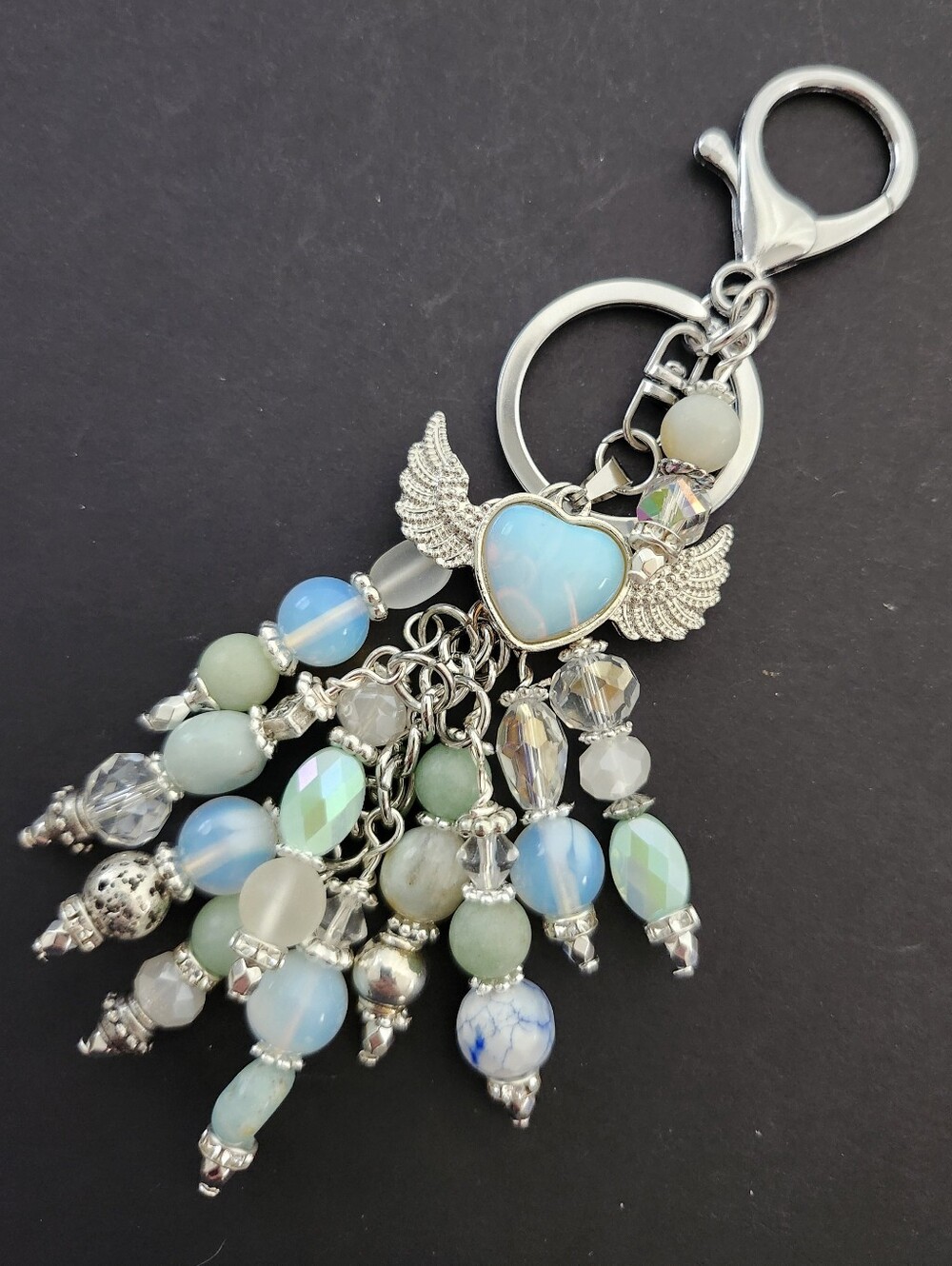 Opalite Heart Wings Purse Charm White Opal Amazonite Jasper Quartz Handcrafted